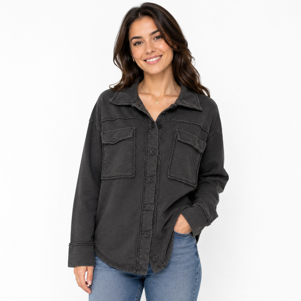 T. LA Anthropologie Black Wash Sweatshirt Button Up Thick Shirt Top Shacket sz S